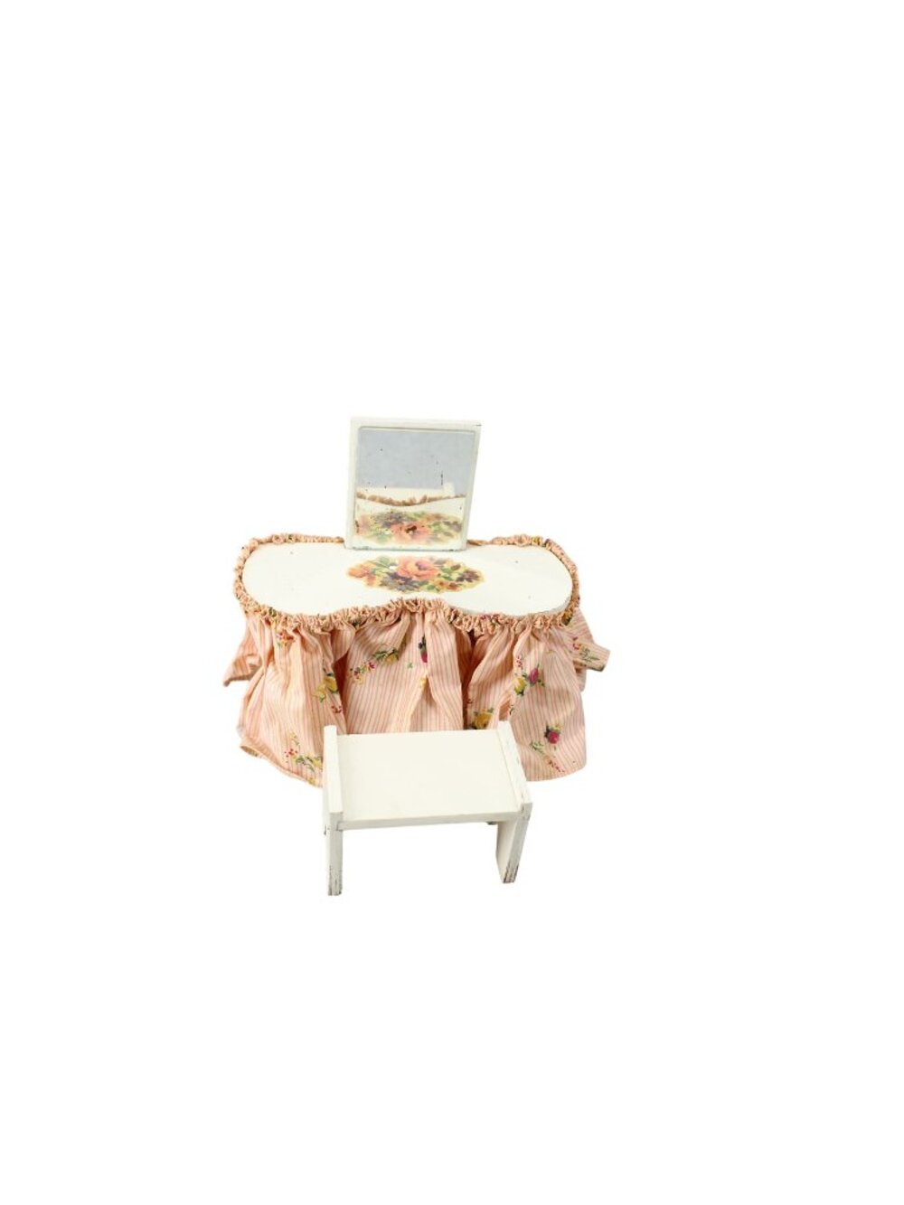 Doll Vanity w/ Bench Vintage 1950's Skirted Pink Floral Wood Wooden White 94789